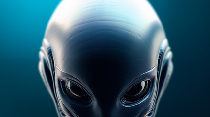 An alien’s face - a large head with a small nose and mouth. The alien has two large, blue eyes...