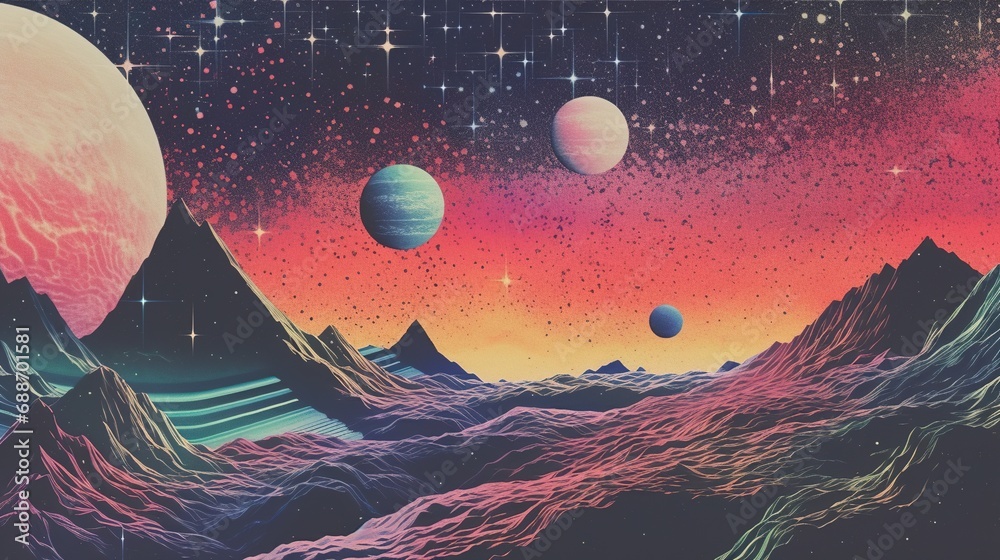 Wall mural generative ai, vintage risograph collage of alien planet in space, pastel halftone, geometric shapes