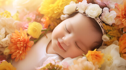 Obraz na płótnie Canvas baby smiling while sleep in the colorful blossom