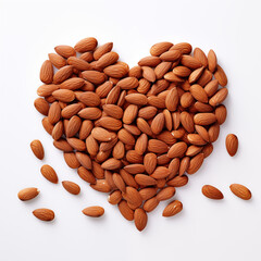 Heap of almond be arrange in heart shape on white background. Healthy love food. Vegan lover.

