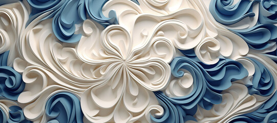 wave floral pattern motif, blue white 5 - obrazy, fototapety, plakaty
