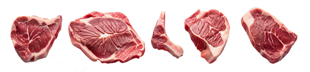 set of different raw beef steaks with an astonishing level of detail , top view, top lighting, transparent background, png