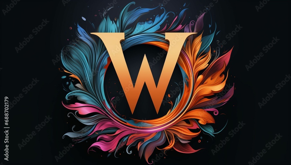 Wall mural ai generated illustration of a black background featuring the letter 'w' surrounded by flowers