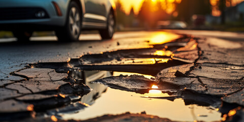 Close-up of a damaged asphalt road with a large pothole filled with water, reflecting sunlight near the wheel of a car, highlighting infrastructure issues