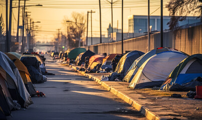 Desolate urban scene with a line of makeshift tents along a street, embodying the harsh reality of homelessness and poverty in the city's shadows - obrazy, fototapety, plakaty