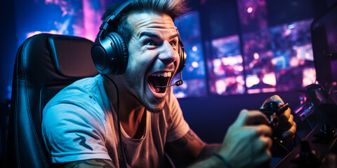 Excited young gamer with intense expression playing video games in a dark room illuminated by screen glow, the epitome of immersive gaming experience