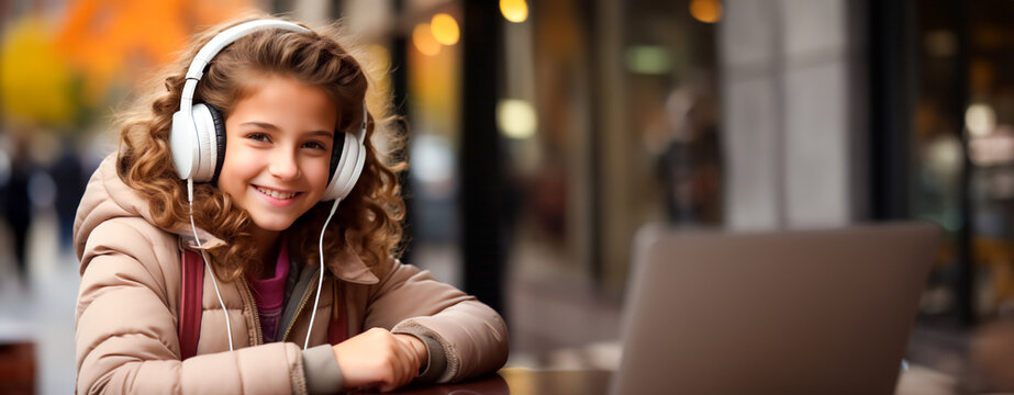 Portrait of a smiling young beautiful girl wearing headphones sitting at a table with a laptop in an outdoor cafe. Advertising banner with copy space, concept of modern children and gadgets, panorama