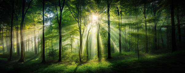 Bright panoramic sunrise or sunset in green forest in summer background