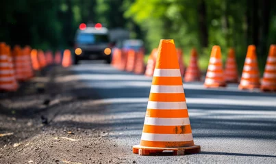 Fotobehang Freshly laid asphalt road marked by vibrant orange traffic cones, signaling ongoing construction work in a lush green suburban area © Bartek