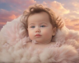 Cute baby on the clouds. Pink pastel colors