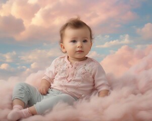 Cute baby on the clouds. Pink pastel colors