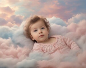 Cute baby on the clouds. Pink pastel colors