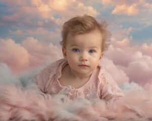 Cute baby on the clouds. Pink pastel colors