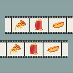 Flat Design Illustration with Pizza, Pop Corn, and Hot Dog at Film Roll