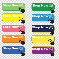 Buy now button with shopping cart. Shop now. Modern collection for web site. Online shopping. Click here, apply, buttons hand pointer clicking. Web design elements. Vector illustration