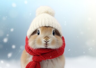 white blue eyed mini lop bunny wearing a red hat in snow - obrazy, fototapety, plakaty