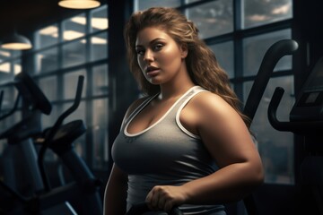 Fototapeta na wymiar A body-positive woman in gray sportswear demonstrates endurance, determination and a positive attitude in a fitness club, posing against the background of exercise equipment.