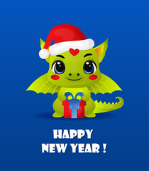 Vector cute smiling happy cartoon dragon. Postcard Happy New Year. Green dragon