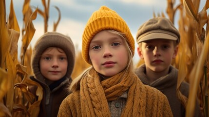 Obraz premium A boy and two girls, members of a family, share a moment of joy against a backdrop of golden corn, celebrating their bond during the fall season.