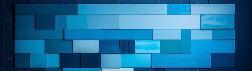 Paint swatches depicting an array of blues are fastened to a wall, while the remaining area offers a clean slate for copy.