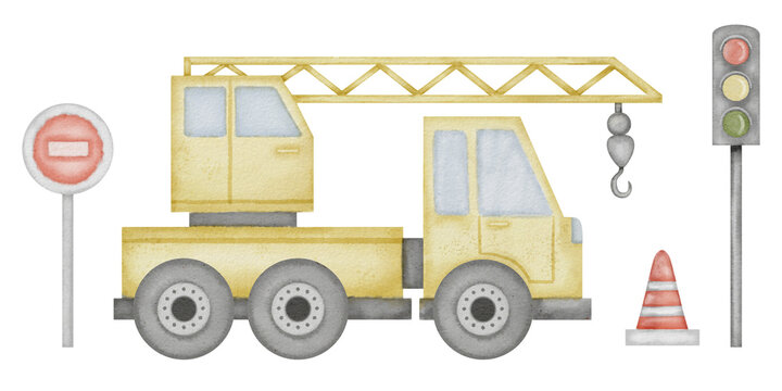 Truck Crane Watercolor illustration. Set of baby car toy. Hand drawn clip art of road sign and traffic light on isolated background. Autocrane and signpost drawing for stickers and prints.