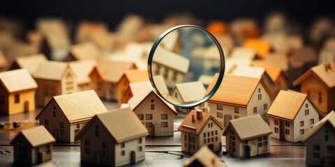 Detailed close-up of miniature cardboard houses viewed through a magnifying glass, representing real estate analysis or property search concept on a wooden surface - obrazy, fototapety, plakaty