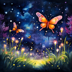 Fototapeta na wymiar a vivid fantasy world featuring abstract fireflies with watercolor-inspired strokes