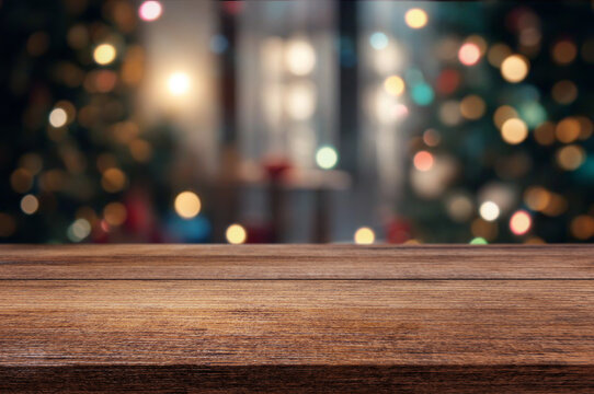 Wooden table or surface with blurred background of New Year's or Christmas interior