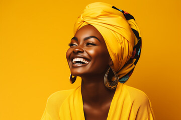 photography, an africanwoman smiles in the studio on yellow background. happy model - obrazy, fototapety, plakaty