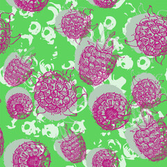 Raspberries and blackberries with abstract elements. Vector seamless pattern. Hand drawn illustrations.