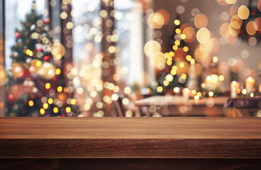 Wooden table or surface with blurred background of New Year's or Christmas interior
