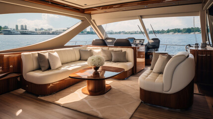 Yacht's Lavish Salon Rich Mahogany Finishes Plush Upholstery Expansive Windows Nautical Elegance