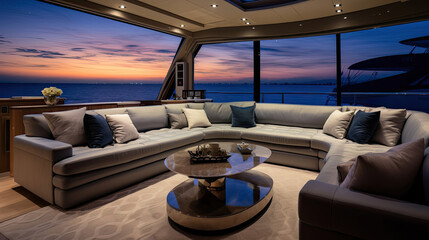 High-End Motor Yacht Salon Contemporary Design Custom Furnishings Chic Lighting Panoramic Windows