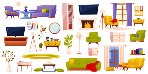 Obraz premium Living room interior set. Comfy modern workplace and lounge extensive collection isolated. Vector illustration EPS10