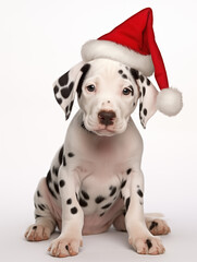 Adorable Dalmatian Puppy in Santa Hat Sitting on White Background