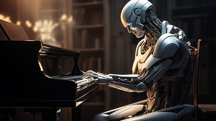 humanoid mechanized robot android plays the piano