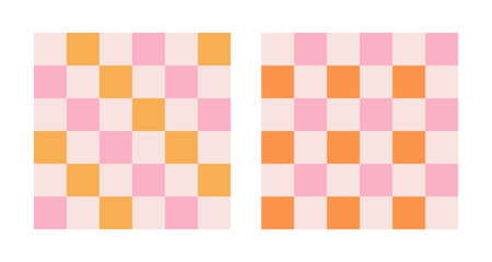 Checkerboard retro groovy background set. Geometric pastel square textures in vintage Y2K style. Hippie 70s patterns. Plaid pattern backgrounds. Pink and yellow colors.