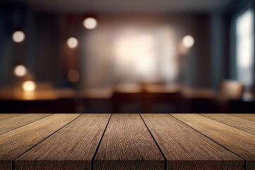 Wooden table or surface with blurred interior background