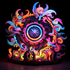 a vivid whirlwind featuring the neon glow of lights, tribal motifs, and shadows