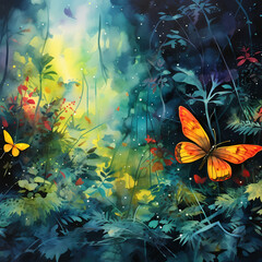 a vivid whirlwind featuring abstract fireflies with watercolor-inspired strokes in a jungle setting