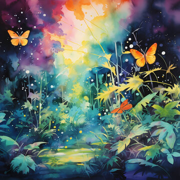 a vivid whirlwind featuring abstract fireflies with watercolor-inspired strokes in a jungle setting