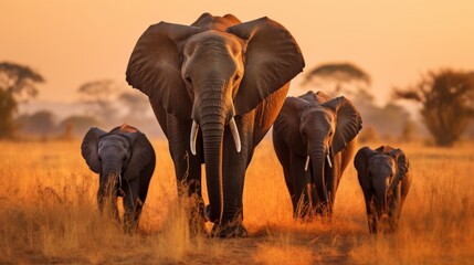  a group of elephants standing next to each other in front of a field of grass and trees with a sky in the background.