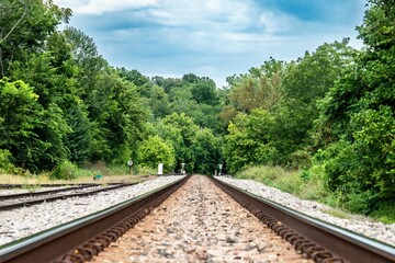 Fototapeta premium Train tracks in Hardy, Arkansas, USA through a forest, with trees dotted on either side