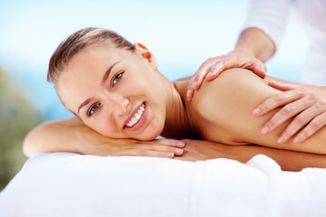 Woman, portrait and happy at spa for back massage wellness cosmetics and holistic therapy outdoor...