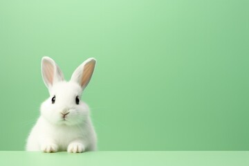 Cute white Easter Bunny on a Green Background with Space for Copy