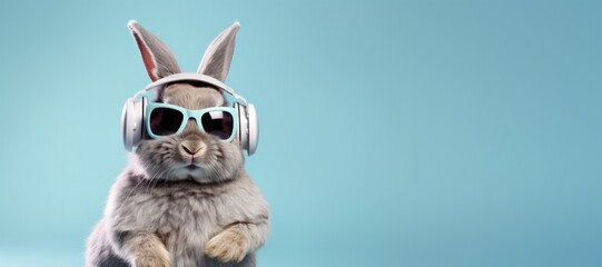 Cute Rabbit Listening to Headphones on a Blue Background with Space for Copy