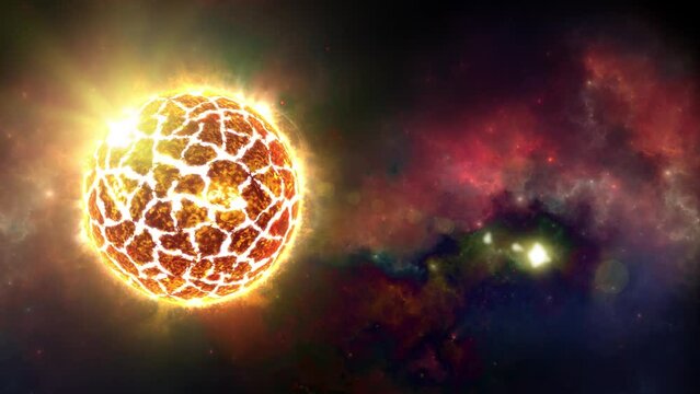 A sun with large cracks, solar flares, solar prominences, and lens flare, on a nebula background. To learn how you can customize this animation, see my profile.