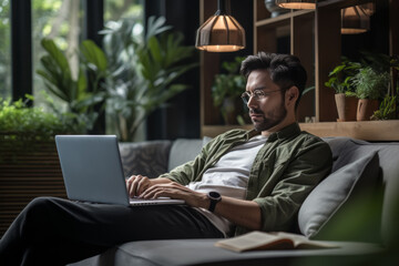 A male freelancer sits on the couch and works at a laptop.