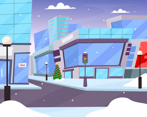 Winter town landscape vector graphic illustration. City facade buildings. Happy Holidays lettering. Vector illustration EPS10