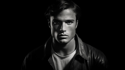 Fototapeta na wymiar 1970's black and white photography portrait of a young, wearing leather jacket, and lit from the front against a black background